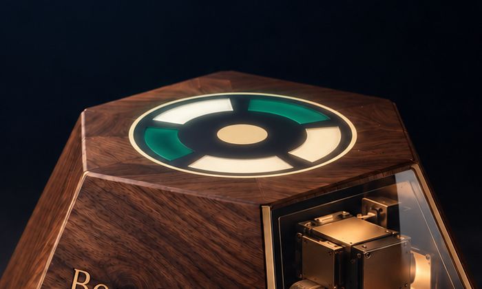 Close view of the top of BoardSeat: five curved segments of light around a small central sand-coloured dot, set into the walnut crown within a fine outer ring.