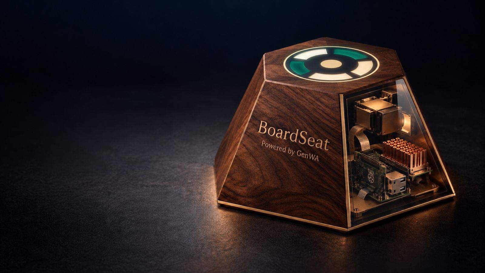 BoardSeat: a faceted, tapered walnut AI board member with bronze edge inlays, a circular light wheel on top, one clear glass window showing the technology inside, and the engraved words BoardSeat and Powered by GenWA. Concept visual.