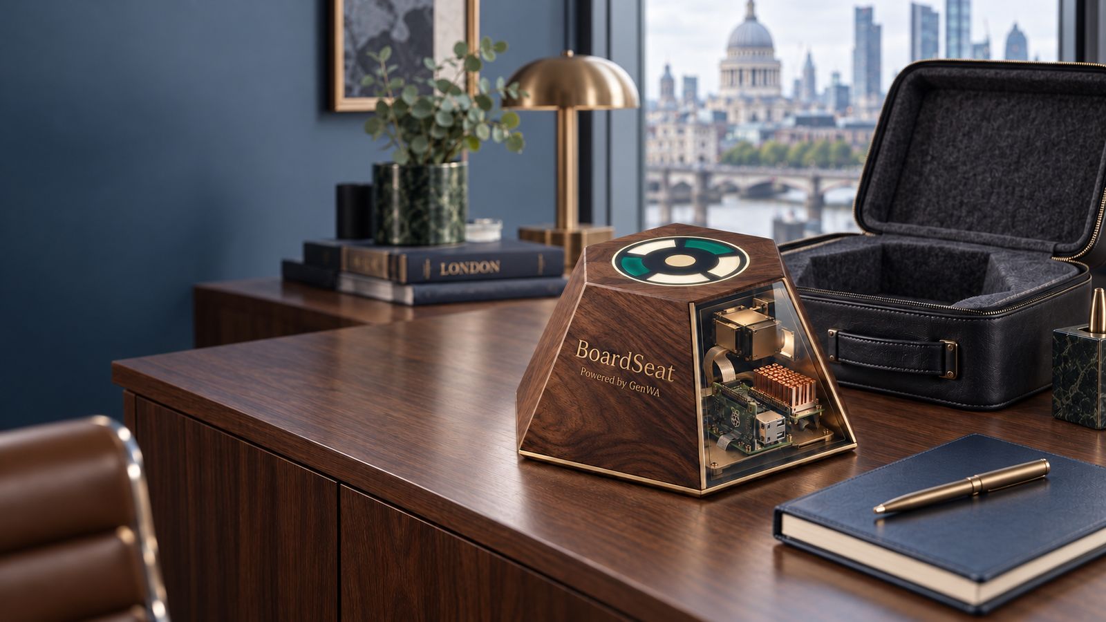 BoardSeat on a walnut desk beside an open black leather carry case lined with grey felt, with the London skyline through the window behind.